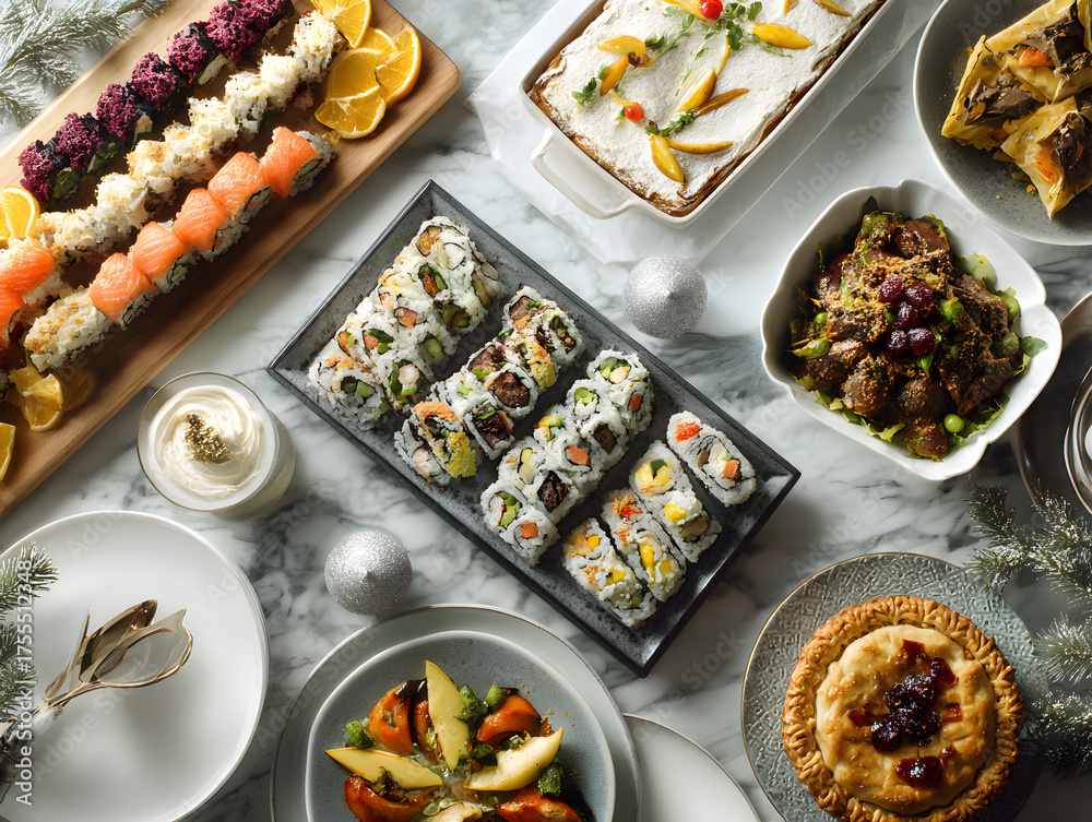 Fototapeta premium Assortment of holiday dishes including sushi and pie