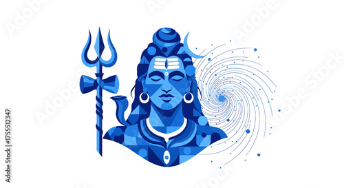 Lord Shiva blue abstract portrait with trident.
