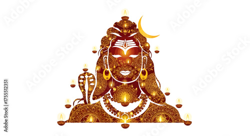 Lord Shiva adorned with diyas and a cobra.