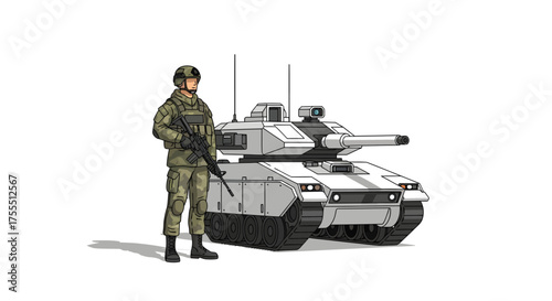 Modern Soldier Standing Next to Advanced Futuristic Tank.