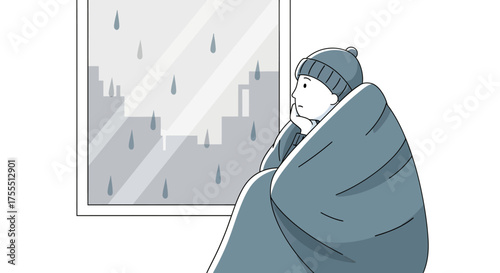 Person wrapped in blanket looking out window on rainy day.