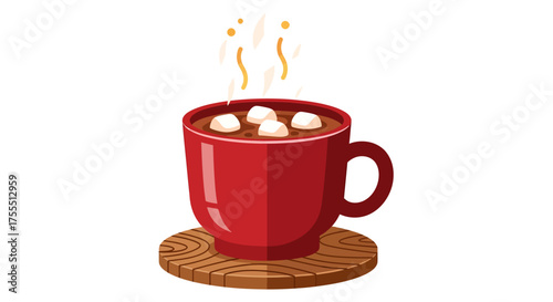 Red mug of hot chocolate with marshmallows and steam.