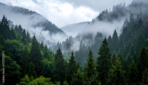 Moody forest valley view with dense fog clinging to trees. Lush green conifers in a serene, misty mountain scene