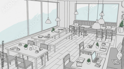 Modern interior design sketch of a spacious café, depicting tables, chairs, and large windows with natural light and plants