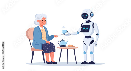 Robot serving tea to elderly woman at table.