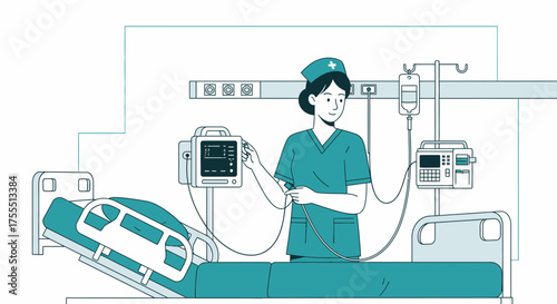 Medical Professional Attending To Patient In A Clinic Bed With Monitoring Devices and Equipment