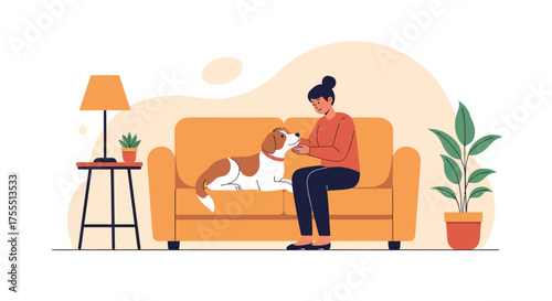 Woman and dog relaxing on a comfortable sofa indoors.