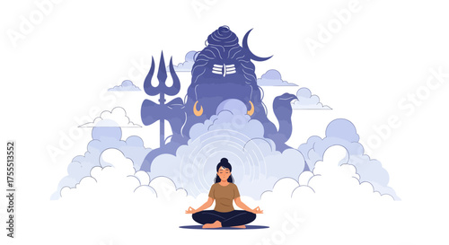 Woman meditating in front of Lord Shiva illustration.