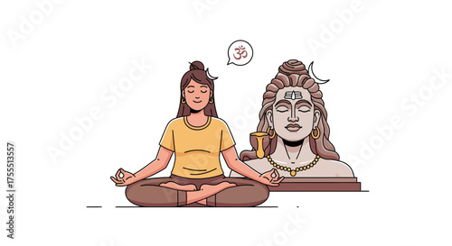 Woman Meditating with Om Symbol and Lord Shiva Illustration.
