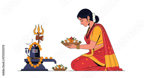 Woman performing puja ritual with shivling and offerings.