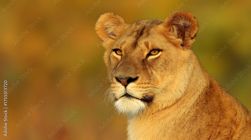 Fototapeta premium Lioness with a focused gaze and detailed fur, bathed in golden savanna light with a natural habitat backdrop.