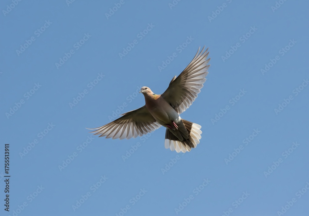 Fototapeta premium Graceful dove soaring majestically through a clear blue sky, wings spread wide in a moment of pure freedom and natural beauty