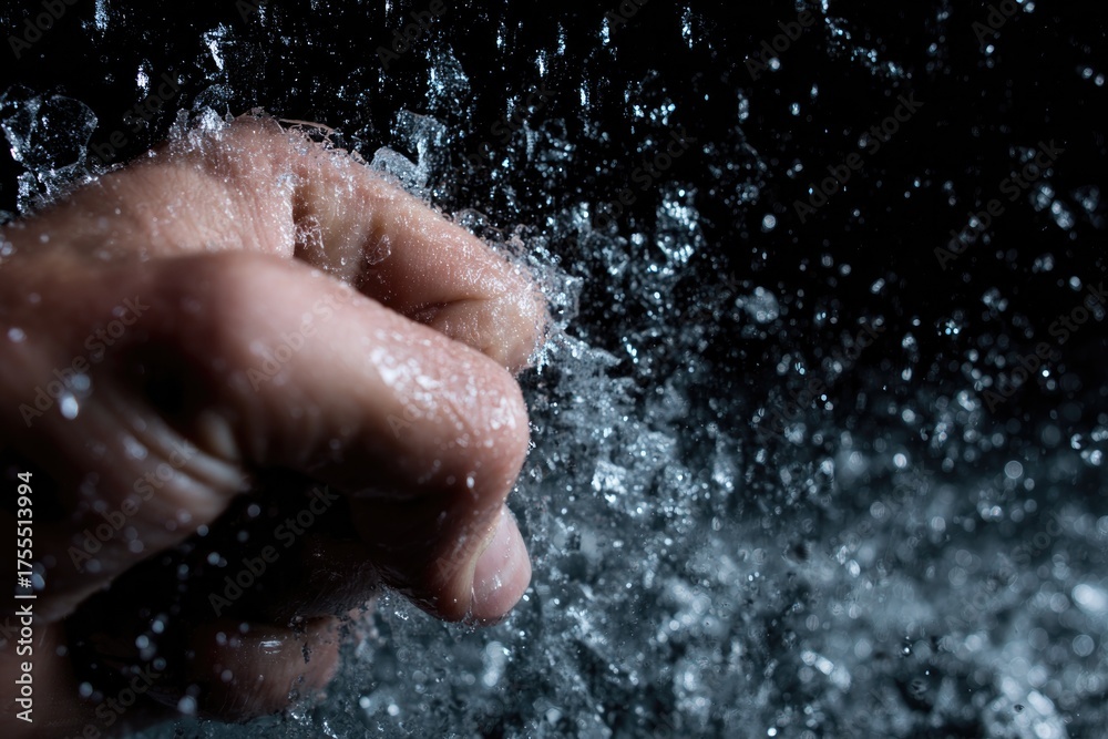 Fototapeta premium Fist striking water creates dynamic splashes, showcasing energy