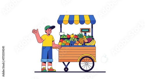 Inviting Fruit Seller Stands Proudly Beside a Cart Laden with Fresh, Ripe, Juicy Fruits