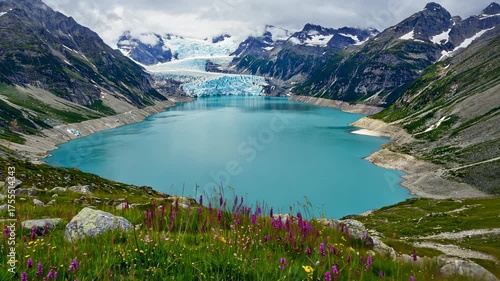 Majestic Alpine Landscape with a Vibrant Turquoise Glacial Lake and Snowy Mountains
