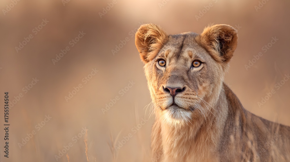 Obraz premium Lioness with a focused gaze and detailed fur, bathed in golden savanna light with a natural habitat backdrop.