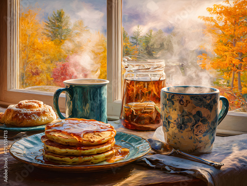 Morning pancakes and coffee with autumn foliage view from window