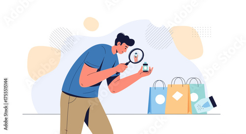 Man Examining Product With Magnifying Glass In Shopping Scenario On White Background