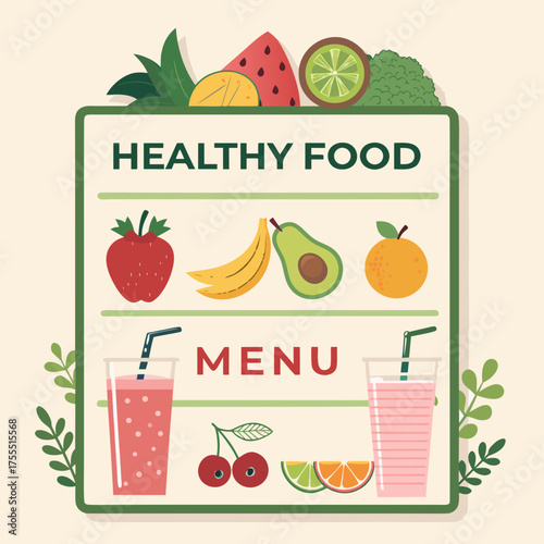fruits and vegetables Vector flat design of healthy food menu, fruits, vegetables, smoothie, clean eating concept.