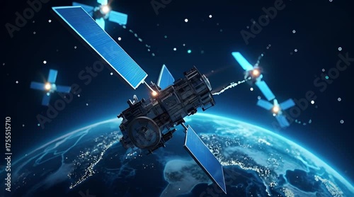 Global network of communication satellites orbiting Earth in deep space providing internet navigation and telecommunication services
