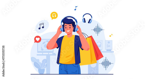 Modern Young Man Buying Music Goods And Enjoying Listening And Entertainment