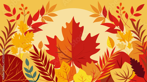 Vector art of autumn leaves background with maple leaf in the center of the frame