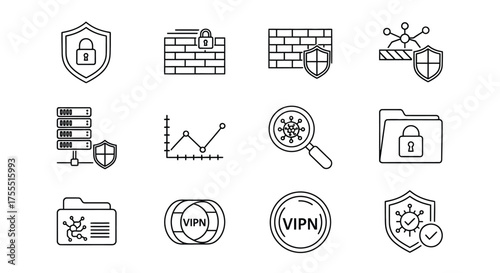 Digital security and data protection icons set for cybersecurity concepts vector