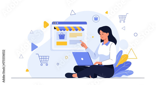 Online Shopping Illustration: Woman Browsing E-Commerce Store on a Laptop Computer
