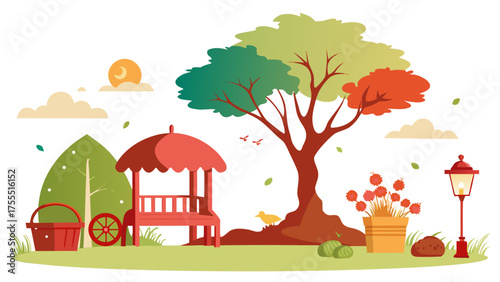 Illustration of a park with gazebo, tree, and other park elements