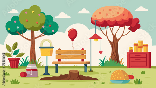 Illustration of a park with trees, bench, and other park elements