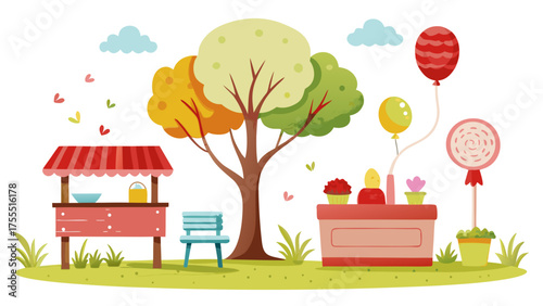 Illustration of a colorful park with a tree, balloons and a candy shop