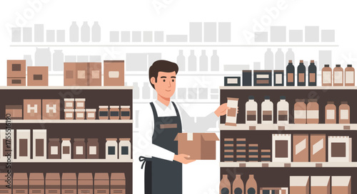 Organized Grocery Store: A Smiling Employee Arranging Products On Shelves