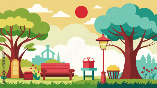 Vector art of beautiful cartoon park with trees, bench, flowers and street lamp in summer day