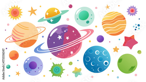 Vector art of collection of colorful planets and stars