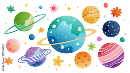 Vector art of collection of colorful planets and stars