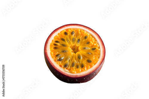 Vibrant cross section of a fresh, ripe passion fruit displaying the juicy orange pulp and edible seeds isolated on transparent background.