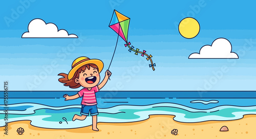 Cheerful girl enjoys kite flying on sunny beach with colorful kite illustration