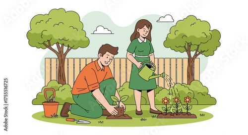 Couple gardening together cheerfully planting flowers and seedlings in their backyard blissfully