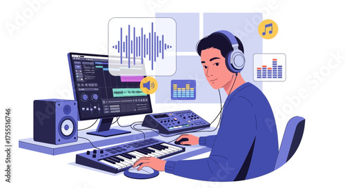 Creative music producer in studio working on audio mixing and creating new track