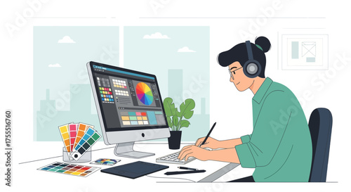 Creative graphic designer working in the office using a computer and stylus drawing a digital
