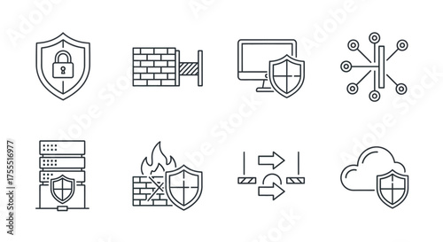 Cybersecurity icons set protecting digital assets network security data privacy firewall cloud protection vector