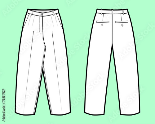 Tailored Pleated Trousers – Front & Back Technical Flat Sketch with Seam Detailing and Welt Pockets