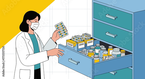 Pharmacist Examining Medication Drawers for Pharmaceutical Dispensing and Healthcare