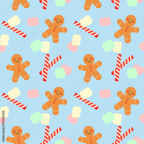 Festive pattern with Gingerbread, marshmallows and wafer rolls, winter christmas vibes, on light blue background.
