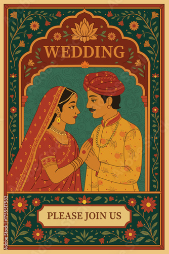Traditional Indian Wedding Invitation Vector Illustration, traditional Indian bride and groom, Rajasthani and Mughal art, wedding card, poster, invitation, banner