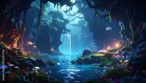 Magical forest scene with glowing mushrooms, a waterfall, and vibrant flora, bathed in soft blue light and mist