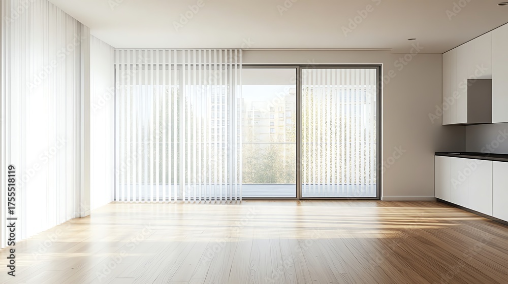 Fototapeta premium Modern room with large windows and wooden floor.