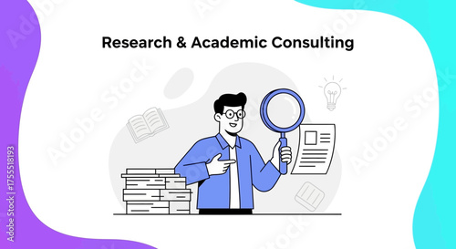 Research And Academic Consulting Illustration Featuring Magnifying Glass And Book Stacks