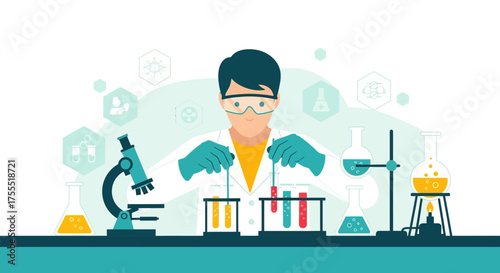 Scientific Research And Discovery Illustration Featuring A Lab Technician At Work