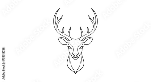 Illustration of a deer head with large antlers in black outline on a white background center aligned